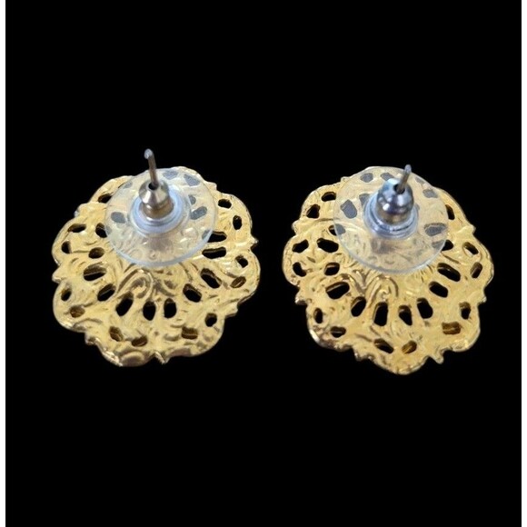 Vintage 1928 Gold Tone Flower Earrings Shiny Rhinestones Pierced - Picture 2 of 3